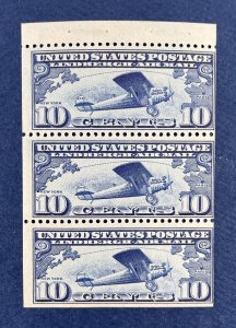 C10 a LINDBERGH TRIBUTE ISSUE Pane of 3 US 10¢ Airmail Stamps MNH 1927