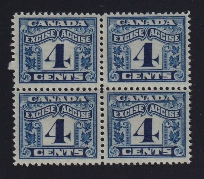 Canada VD #FX39 (1915-28) 4c blue Excise Tax Revenue Block of 4 Mint VF NH
