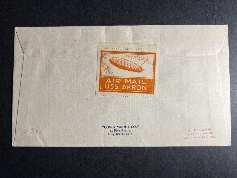 1932 USA Airmail Insured Cover San Francisco to Arcadia CA Zeppelin USS Akron