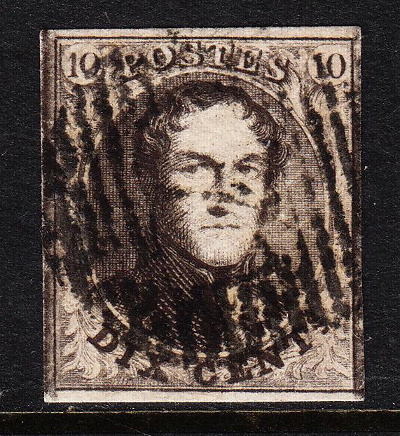 BELGIUM — SCOTT 6 — 1851 10c LEOPOLD — 2 L WMK (NO FRAME) — USED — SCV $8.50