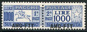 Parcel Postal Lire 1.000 pony overprint strongly displaced