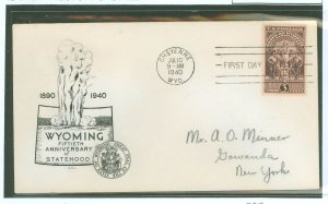 US 897 1940 3c Wyoming/50th anniversary of Statehood on an addressed first day cover with an APL cachet.