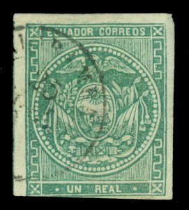 ECUADOR 1865 Coat of Arms  1r green Scott # 5 used