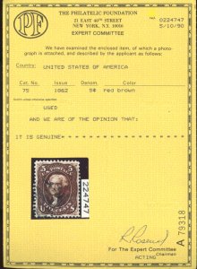 U.S. #75 USED WITH PF CERT