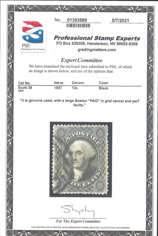 36 Used... PSE Certificate... SCV $310.00... Boston Paid cancel