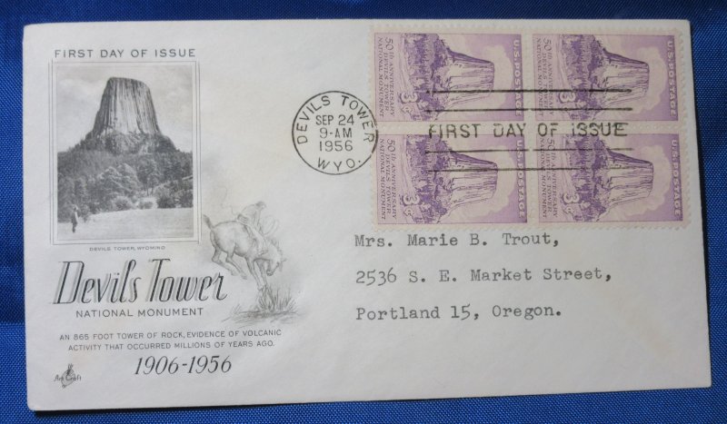 USA Scott 1084 FDC Devils Tower 1956 3 cent Block-4 Cachet