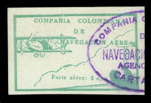 COLOMBIA 1920 AIRMAIL  Flier watching biplane 10c green Scott C11 used VF scarce