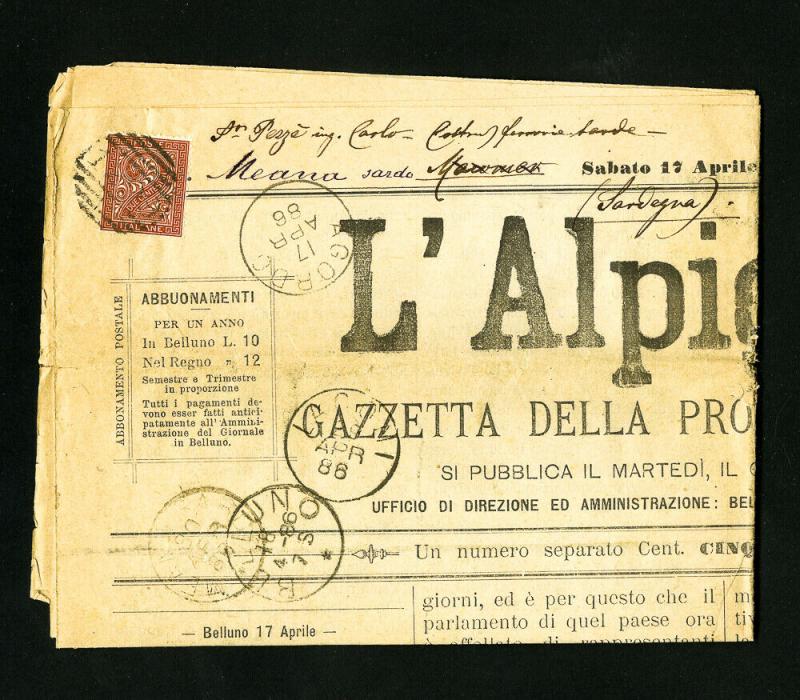 Italy 1886 Newspaper w/ Stamp cancelled 4x