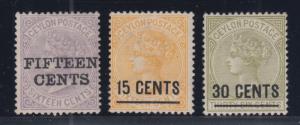 Ceylon Sc 123, 126, 128 MNG. 1885 surcharges, 3 diff, no gum, fresh, bright.