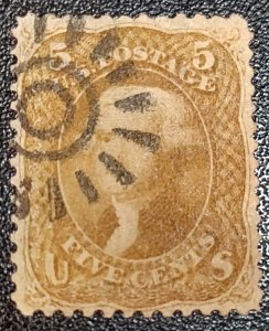 Scott Stamp# 67a-Used 1861-62 5¢ Jefferson. Scarce Brown Yellow.  SCV $1,100.00