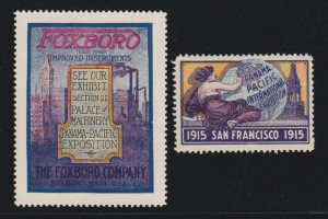 US 1915 2 Pan-Pacific Exposition Lady and Globe & Foxboro Poster Stamps (829)