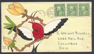 Scott 632 (3), Hand-Illustrated Bird and Flower Cover, Ha...