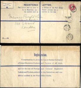 RP39 KGV 4 1/2d Registered Envelope size K Used uprated stamp removed 