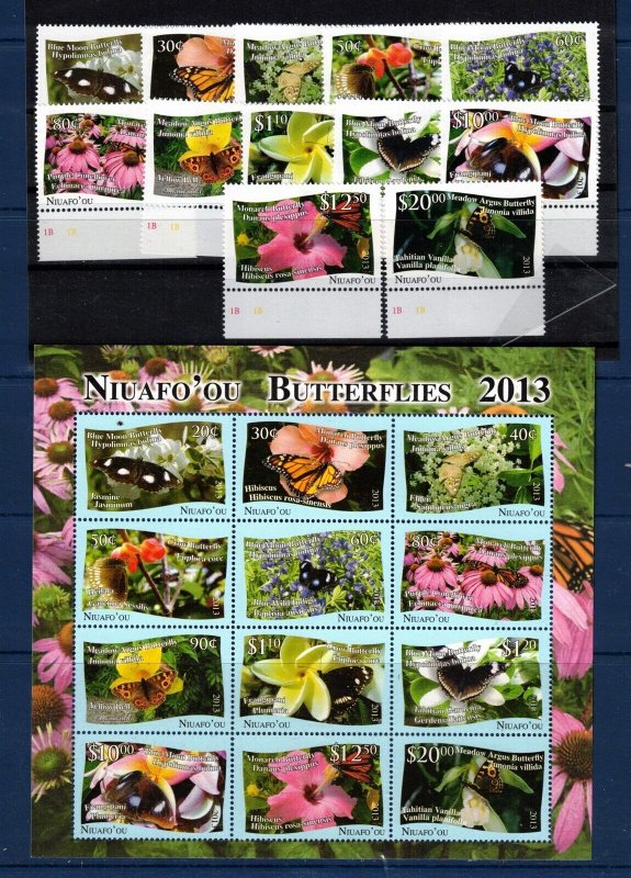 Tonga-Niuafo Sc 301-12,313 MNH set & S/S of 2013 - WWF - Butterflies , Flowers