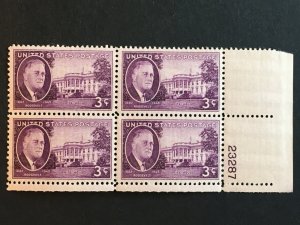 Scott # 932 Franklin D. Roosevelt The White House, MNH Plate Block of 4