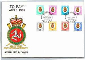 ISLE OF MAN POSTAGE DUE LABLES TO PAY SET OF 8 ON CACHET FDC 1982