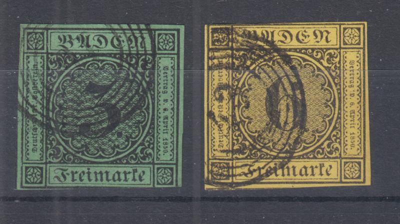 Baden Sc 7, 9 used 1853 3kr & 6kr imperf Numerals, nearly 4 margins