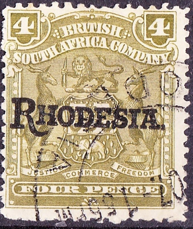 RHODESIA - BRITISH SOUTH AFRICA CO 1909 KEDVII 4d Olive SG105 Used