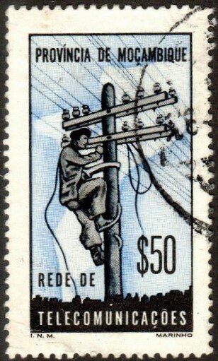 Mozambique RA66 - Used - 50c Lineman on Telegraph Pole / Map (1965)