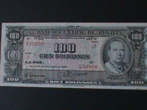 ​BOLIVIA-1945-CENTRAL BANK $100 BOLIVIANOS.UNCIRULATED NOTE-VF-79 YEARS OLD