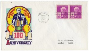 1947 FDC, #945, 3c Thomas A. Edison, CC/Boll, pair