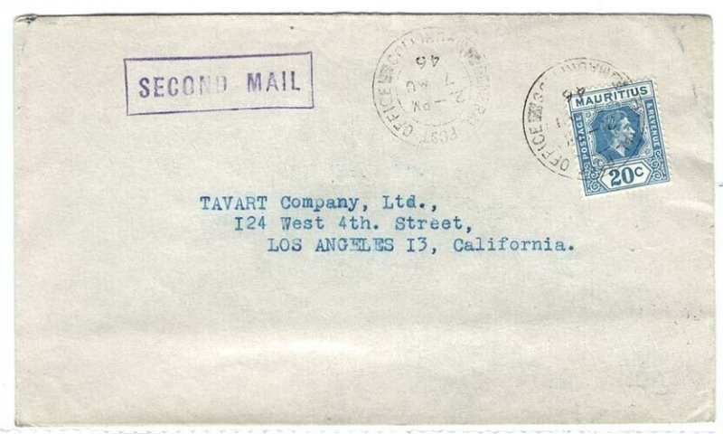 Mauritius 1946 Neat cover to USA franked KG6 20c blue, unusual boxed 'Second M 