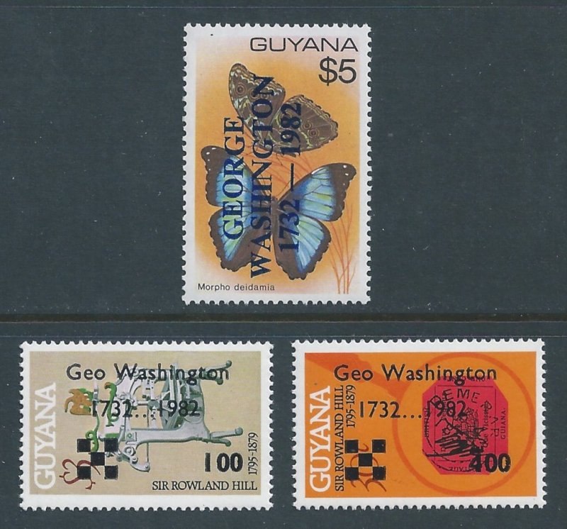 Guyana #479-81 NH Rowland Hill/Butterfly Ovptd. Geo Washington