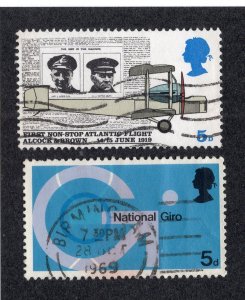 Great Britain 1969 5p Airplane & 5p Post Office, Scott 584, 601 used