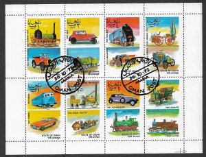 STATE OF OMAN 1972 TRAINS AND CARS Miniature Sheet of 8 Fantasy Issue Used