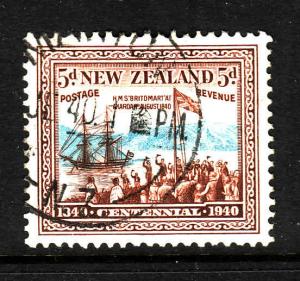 New Zealand-Sc#236-used 5p brown & lt blue-Ships-HMS Britomart-1940-