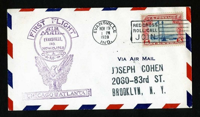 # C11 CAM # 30 First Flight cover Evansville, IN to Chicago, IL - 11-19-1928