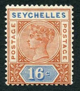 Seychelles SG6 QV 1890 16 cent Die 1 m/mint (hinge remainder)