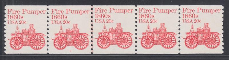 US Sc 1908 MNH. 1982 20c vermilion Fire Pumper, Plate #2 under 2nd, strip of 5