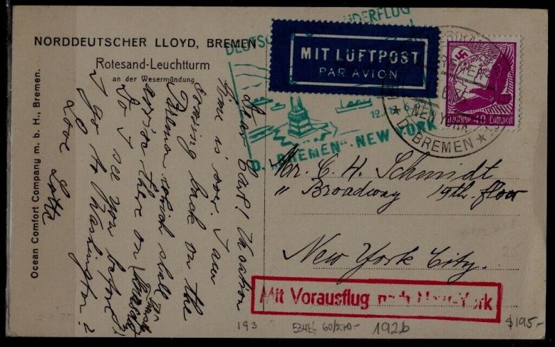 Germany Catapult card 12.6.35 Bremen-NY