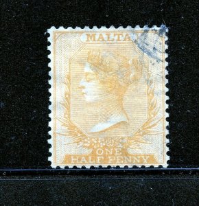 Malta #3 (MA718) Queen Victoria 1/2p yellow buff, Used, F-VF, CV$70.00