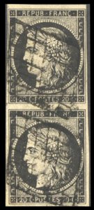 France, 1850-1900 #3 Cat$92.50, 1850 20c black, vertical pair, used