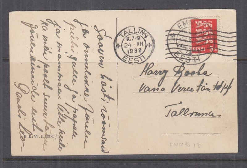 ESTONIA, 1932 Xmas ppc., 5s. EMMASTE to Tallinn.