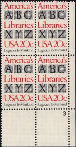 US #2015 AMERICA'S LIBRARIES MNH LR PLATE BLOCK #3 DURLAND $1.75