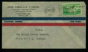 Cuba 1939 Airmail Cover Havana to KS franked Scott C31, Rocket Mail Overprint