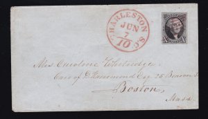 US 2 10c Washington on Cover Charleston SC to Boston Mass VF-XF 4 Margins