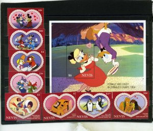 NEVIS 1995 WALT DISNEY VALENTINES SET OF 8 STAMPS & S/S MNH 