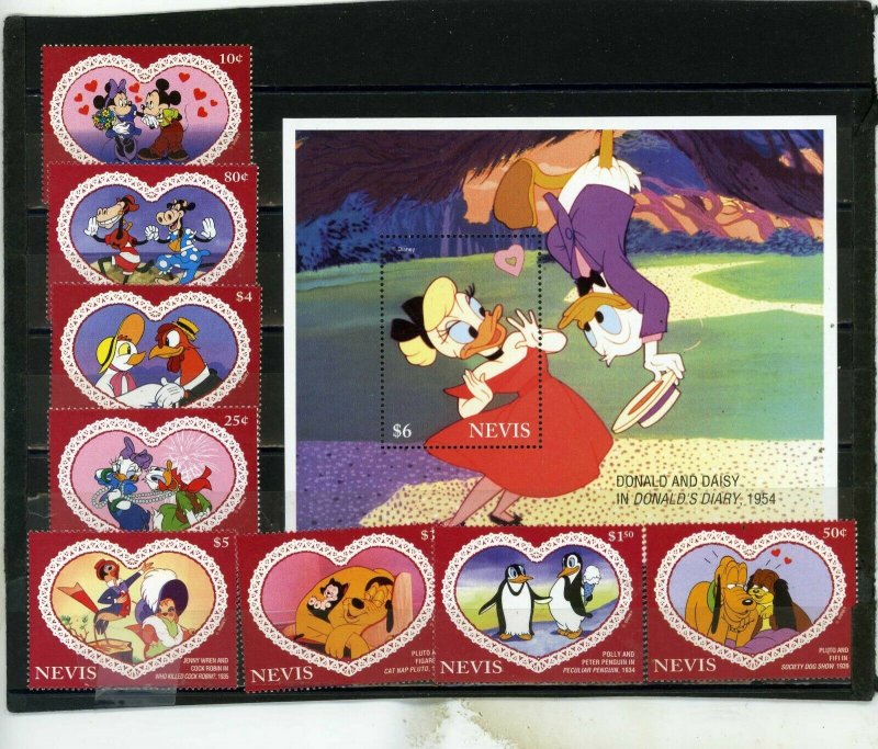 NEVIS 1995 WALT DISNEY VALENTINES SET OF 8 STAMPS & S/S MNH 