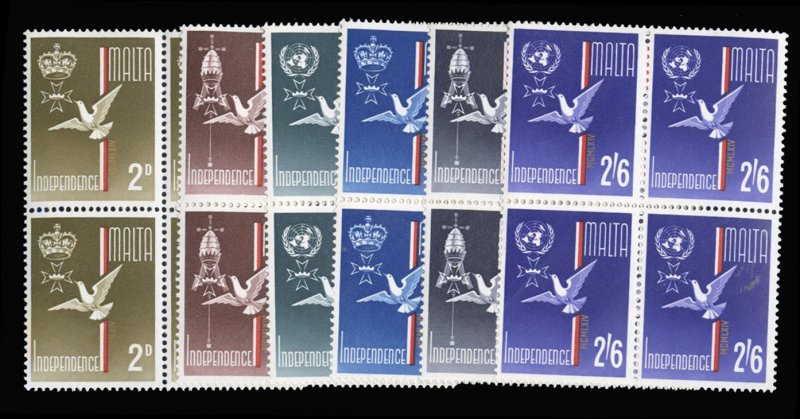 Malta #303-308 Cat$25.60, 1964 Independence, complete set in blocks of four, ...