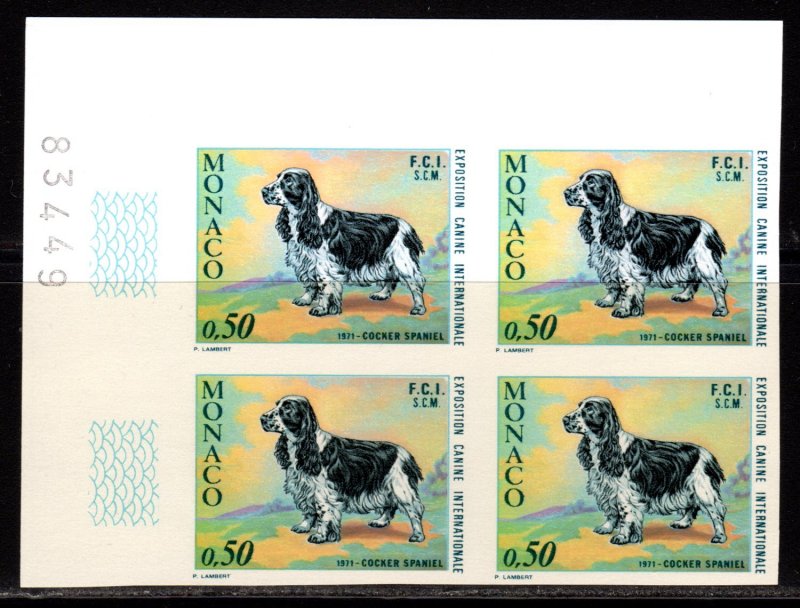 Monaco 1971 Sc#810 DOG COCKER SPANIEL Corner#Plate Block of 4 IMPERFORATED MNH