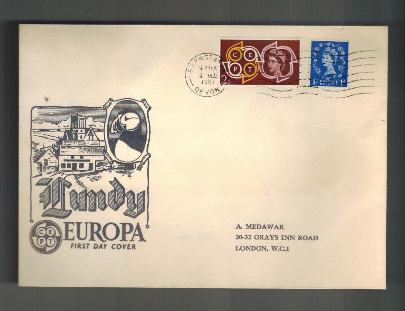 1961 Lundy England First Day Cover Europa Stamps FDC to London