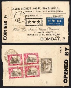 Aden KGVI 3a block and 2a on RAF Censor cover to India