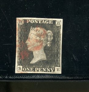 GREAT BRITAIN ONE PENNY BLACK 4 LARGE MARGIN COPY USEDW/RED MALTESE CROSS CANCEL