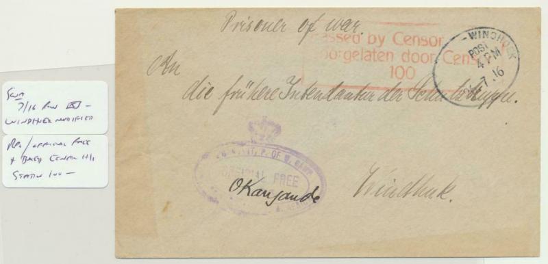 SOUTH WEST AFRICA 1916 PRISONER OF WAR CENSOR COVER, WINDHOEK LOCAL(SEE BELOW)