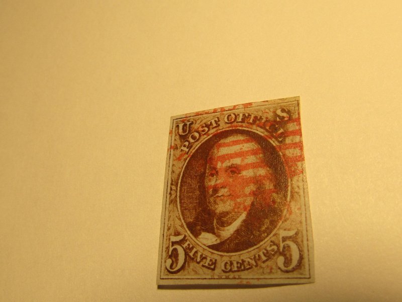US STAMP, Scott #1 Orange GRID Cancel, Used 1847, 4 Margins,