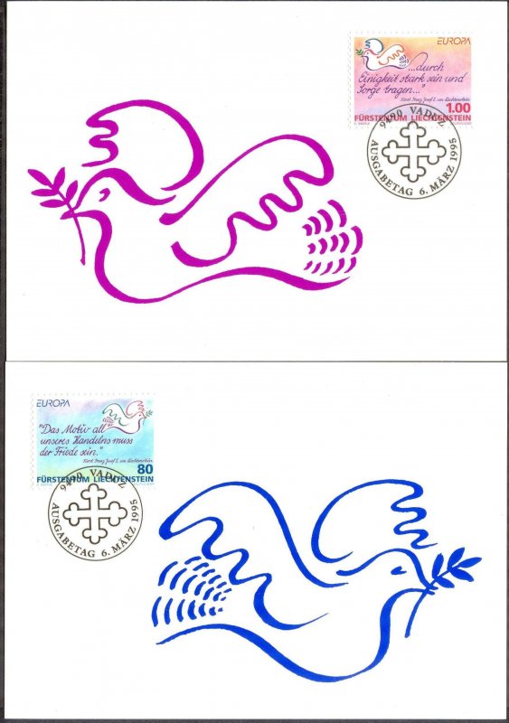 Liechtenstein 1995 Europa CEPT Peace and Freedom Birds 2 Maxi Cards FDC